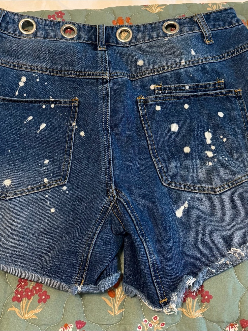 Dark Blue Distressed Denim Women's Shorts with Grommet Waist - Picture 2 of 6